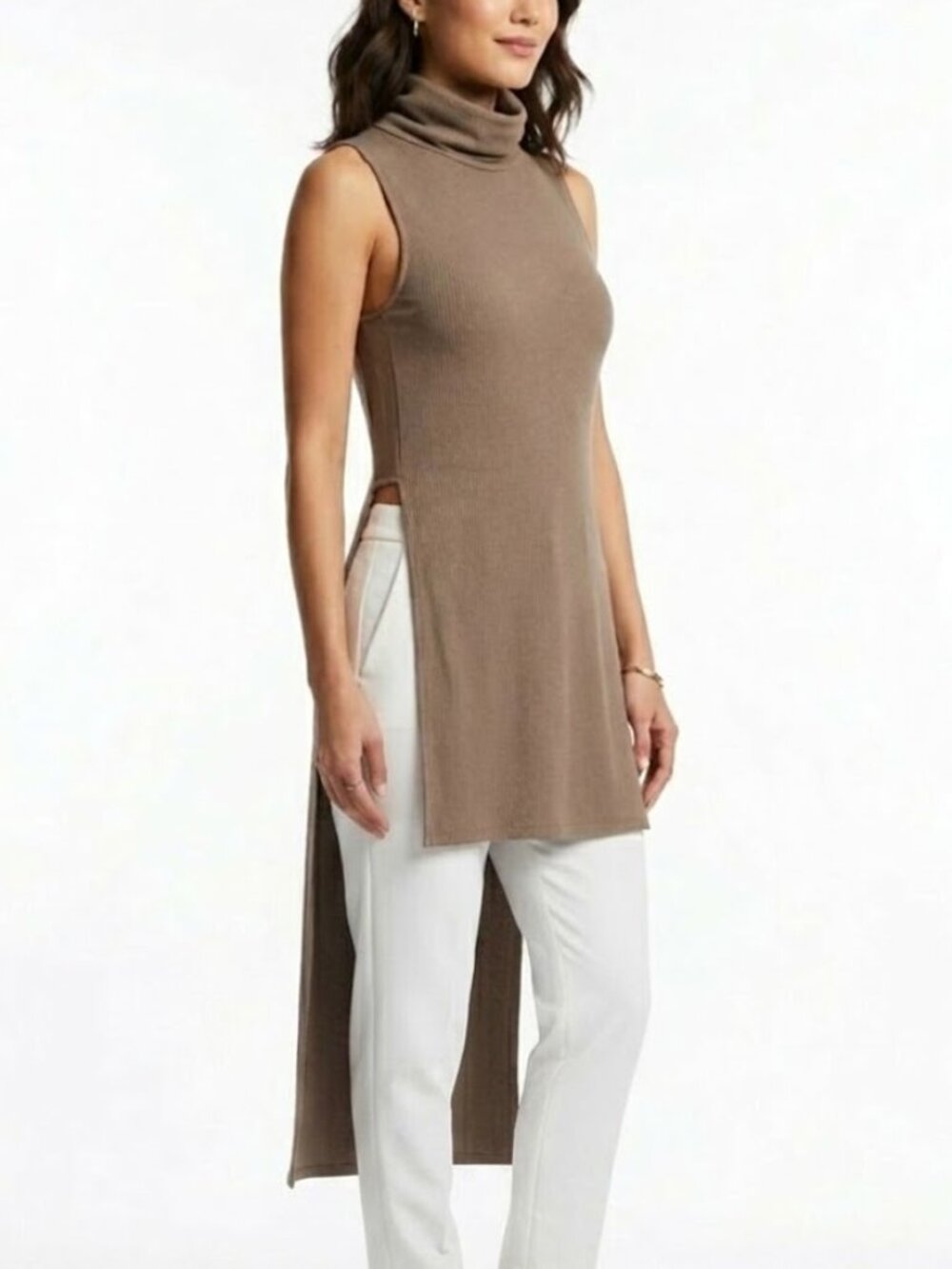 BLUE BLUSH Minimalist Ribbed High-Low Tunic Sleeveless Turtleneck Tan S